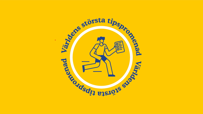 En tecknad figur springer med en tipstalong i handen.